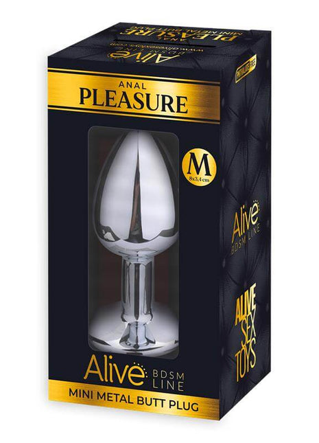 Anal Plug with Pink Jewel in polished silver-tone metal, featuring a smooth teardrop-shaped top and narrow stem