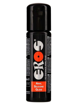 Anal Silicone Glide in a black 100 ml bottle with a glossy cap, bold white lettering and an orange label.