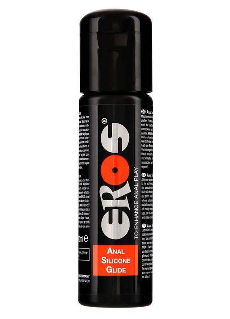 Anal Silicone Glide in a black 100 ml bottle with a glossy cap, bold white lettering and an orange label.