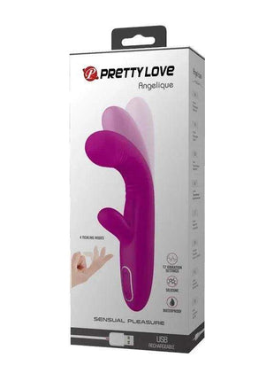 Angelique Tickling Vibe USB in magenta with a curved, textured silicone body shown on its retail packaging