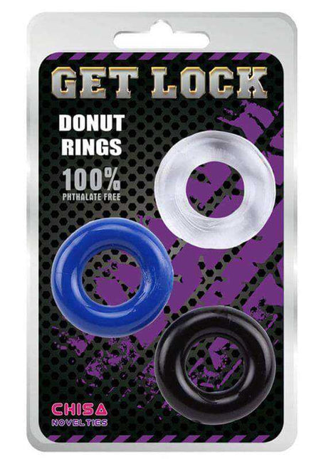 Assorted TPE Donut Cock Rings in clear, blue and black, with three flexible circular rings on retail packaging