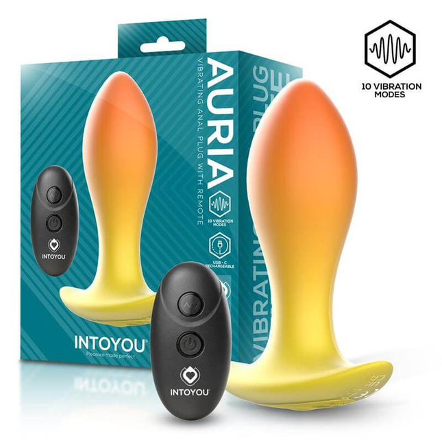 Auria vibrating anal plug with wireless remote, gradient silicone finish, secure base, and USB-C rechargeable design