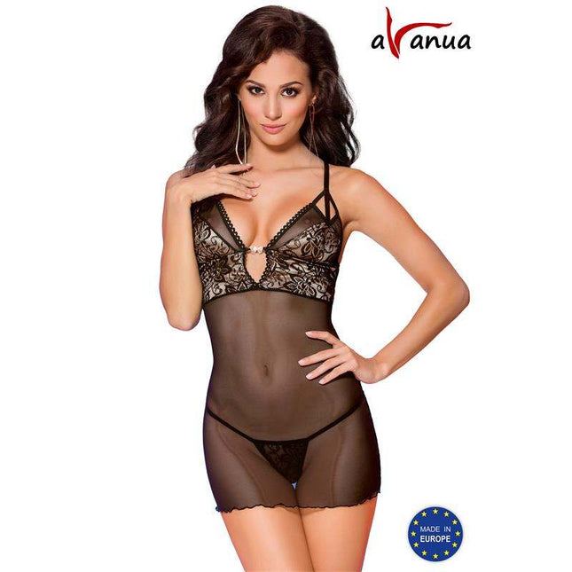 Elegant black Aurora Chemise with lace detailing and adjustable straps for flattering fit and all-night comfort
