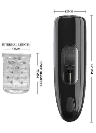 Automatic Masturbator with a glossy black elongated casing, oval viewing window, and separate clear textured sleeve