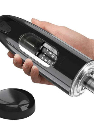 Automatic Masturbator in a sleek black and clear plastic design, with a transparent window, control buttons and removable cap