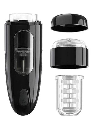Automatic Masturbator in glossy black with clear removable sleeve, transparent textured insert and two detachable caps