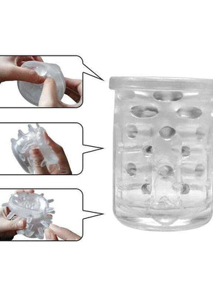 Automatic Masturbator with a clear, soft silicone sleeve, textured interior bumps and ridges, and a wide rim