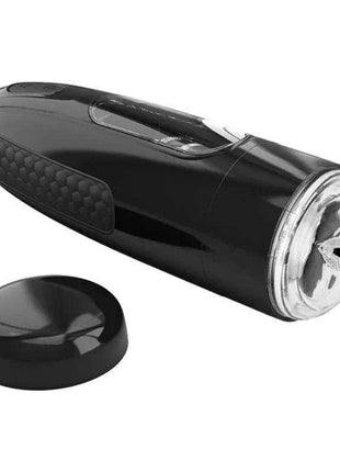 Automatic Masturbator in glossy black with a textured side grip, clear circular end and separate black cap