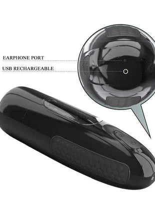Automatic Masturbator in glossy black with a rounded cylindrical body, textured grip panels, and USB charging port