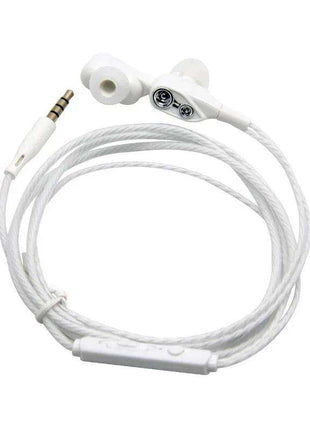 Automatic Masturbator appears as white wired earbuds with silicone tips, an inline control panel and a gold-plug connector