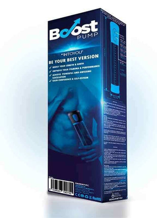 Automatic Penis Pump PSX01 product box in blue and black with Boost Pump branding and a pump illustration