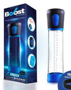 Automatic Penis Pump PSX01 with a clear graduated tube, blue base and control buttons beside its Boost Pump box