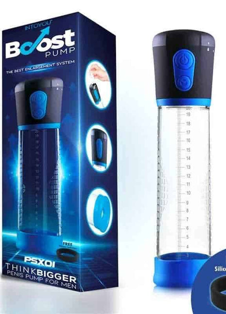Automatic Penis Pump PSX01 with a clear graduated tube, blue base and control buttons beside its Boost Pump box