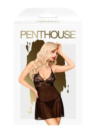 Babydoll Bedtime Story Black, sheer black lingerie with a floral lace bodice, halter straps and short skirt