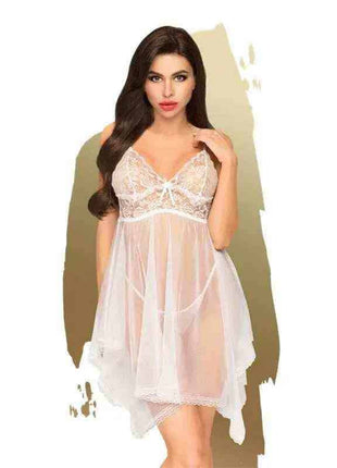 Babydoll Naughty Doll White sheer white babydoll with floral lace cups, thin straps, and a flowing asymmetrical hem