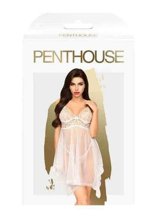 woman wearing elegant white Babydoll Naughty Doll lingerie with lace and satin details
