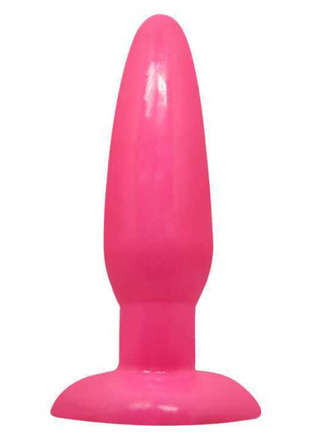 Baile Purple Anal Plug with a smooth, glossy hot pink finish, tapered rounded tip, and wide suction cup base