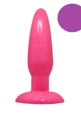 Baile Purple Anal Plug with a bright pink tapered body, smooth flexible surface and flared suction cup base