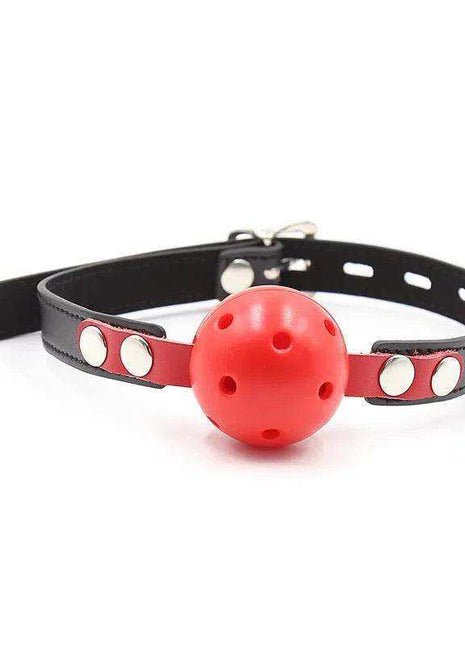 Ball Gag Breathable Black/Red with a red perforated ball and black adjustable straps featuring red trim and silver studs
