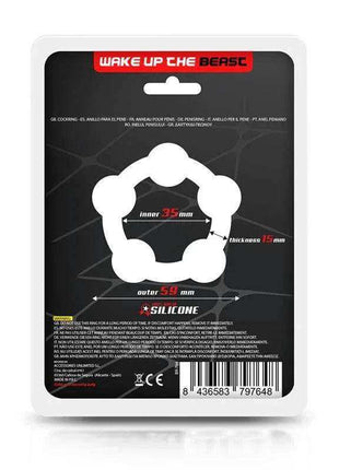 Bead Solid Cock Ring shown on black and red packaging, with white ring-shaped beads and silicone dimensions printed
