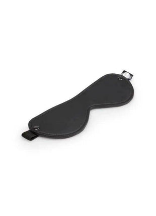 Beginners Bondage - Fantasy Kit includes a black faux leather blindfold with an adjustable strap and metal snaps