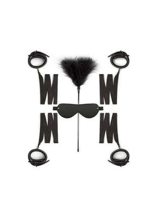 Beginners Bondage - Fantasy Kit featuring black straps, wrist restraints, a blindfold and a feather tickler