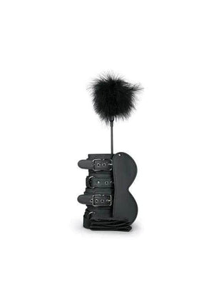 Beginners Bondage - Fantasy Kit with black leather-look wrist restraints, metal buckles and a fluffy feather tickler