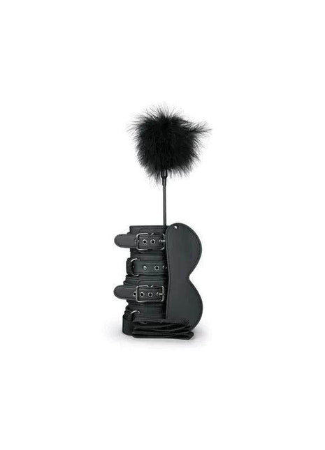 Beginners Bondage - Fantasy Kit with black leather-look wrist restraints, metal buckles and a fluffy feather tickler