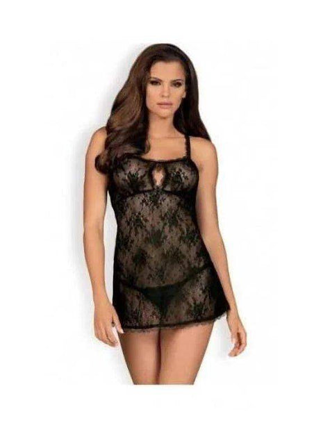 Behindy babydoll and Thong in black floral lace, sheer fabric, spaghetti straps, and a scalloped hem