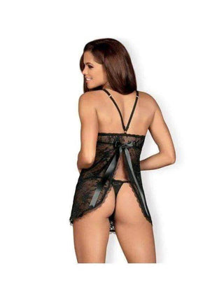 Behindy babydoll and Thong in black sheer lace with thin straps, an open-back design and ribbon tie detail