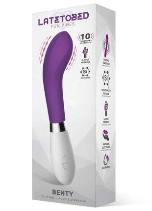Benty Vibe Silicone Purple vibrator with a curved purple silicone head, white handle and silver accent band