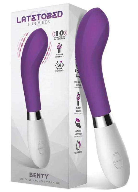 Benty Vibe Silicone Purple curved vibrator with a smooth purple silicone head, silver band and white ergonomic handle