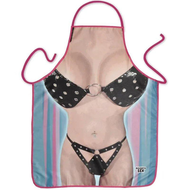 woman wearing stylish bikini apron cooking in kitchen