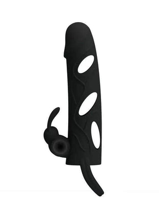 Black Cage with Vibrating Bullet, a black silicone-style sleeve with oval openings, a rounded bullet, and curved straps