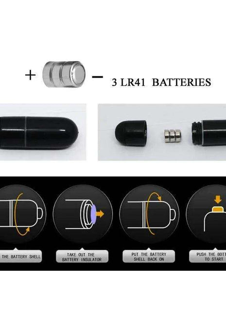 Black Cage with Vibrating Bullet product image showing a glossy black bullet vibrator, LR41 batteries and illustrated battery installation steps