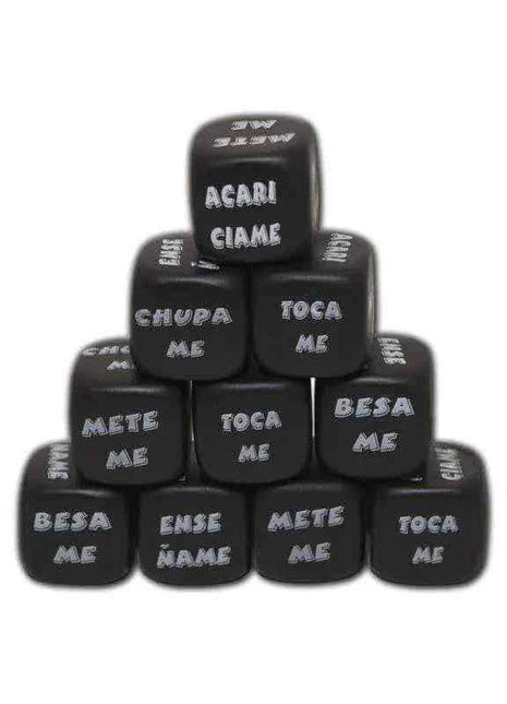Black Die Stay at Home dice stacked in a pyramid, with rounded black cubes and white printed phrases on each face