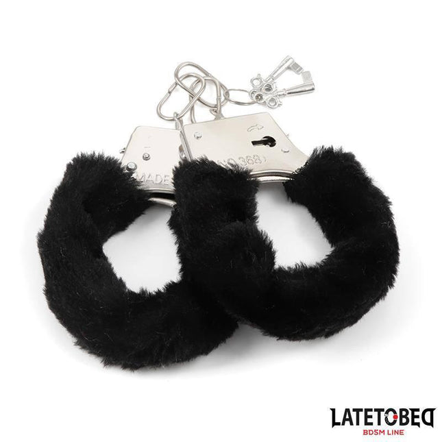 Black Furry Metal Handcuffs for BDSM Play