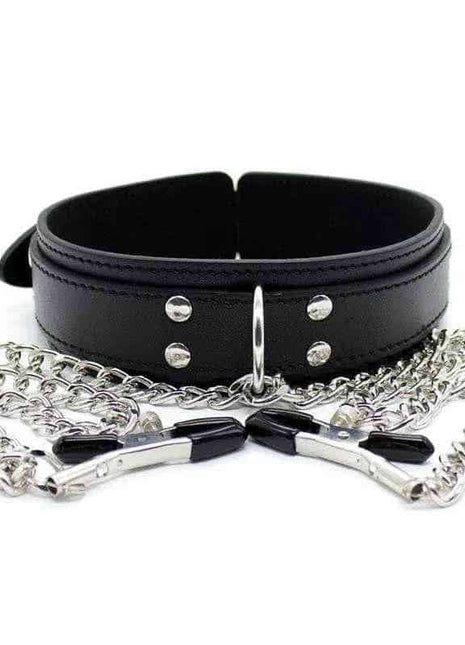 Collar with Nipple Clamps and metal Chain Black - Secretsextoys.store