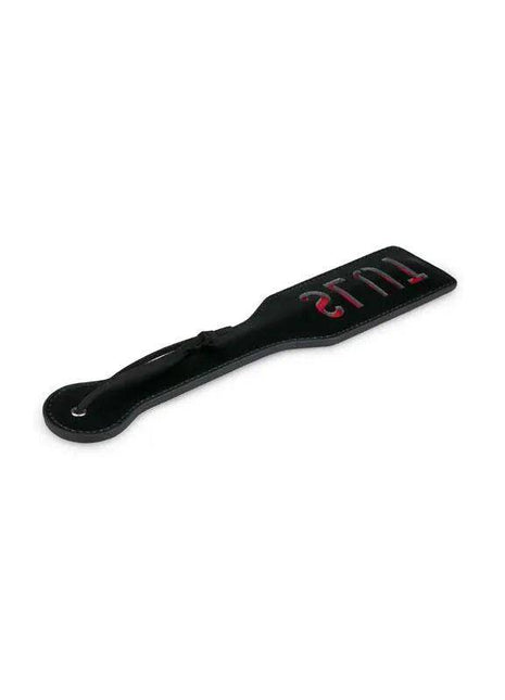Black leather BDSM paddle with ergonomic grip