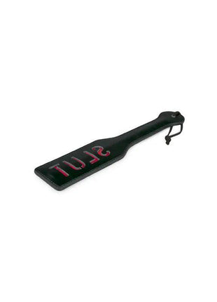 Black leather BDSM paddle with ergonomic grip
