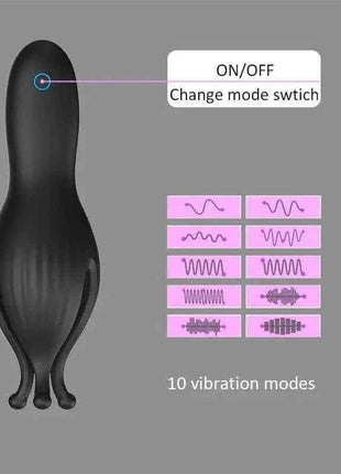 A black silicone tip masturbator shown with an indicator for the power button and a list of 10 vibration modes.