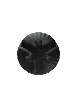 Top-down view of a black, circular silicone masturbator device with a textured, scalloped edge and three interior knobs.
