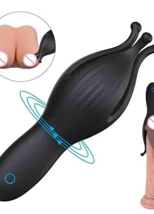 Black tulip-shaped silicone masturbator shown from multiple angles including in use against skin.