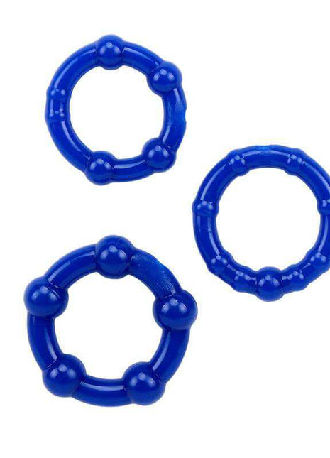 Blue Beaded Cock Rings Set of three glossy blue flexible rings with raised bead details in different sizes