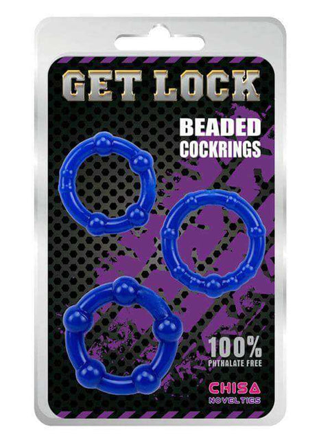 Blue Beaded Cock Rings Set with three glossy blue TPE rings in different sizes, each featuring a raised beaded texture