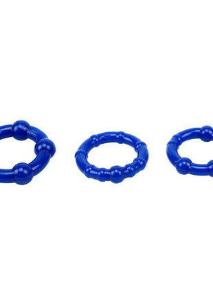 Blue Beaded Cock Rings Set featuring three glossy blue stretchy rings in different sizes with raised beaded textures