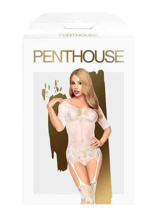 Bodystocking with Garter Belt in white sheer stretch mesh, featuring lace panels, short sleeves and attached garter straps.