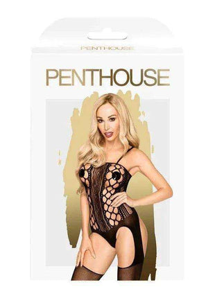 Bomb Squad Bodystocking Black in sheer black fishnet with floral mesh panels, an open-cut design and attached thigh-high stockings