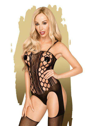 Bomb Squad Bodystocking Black in sheer black fishnet with large oval mesh panels, lace detailing and thigh-high stockings.