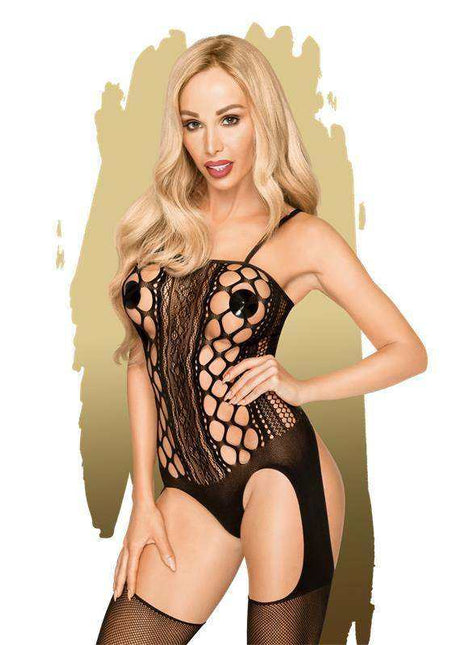 Bomb Squad Bodystocking Black in sheer black fishnet with large oval mesh panels, lace detailing and thigh-high stockings.